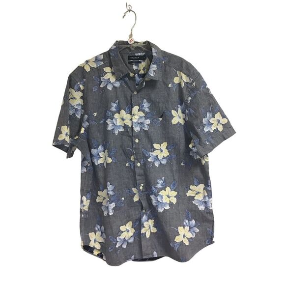 Nautica Gray Floral‎ Short Sleeve Button Up Men's Size XL - Picture 1 of 6